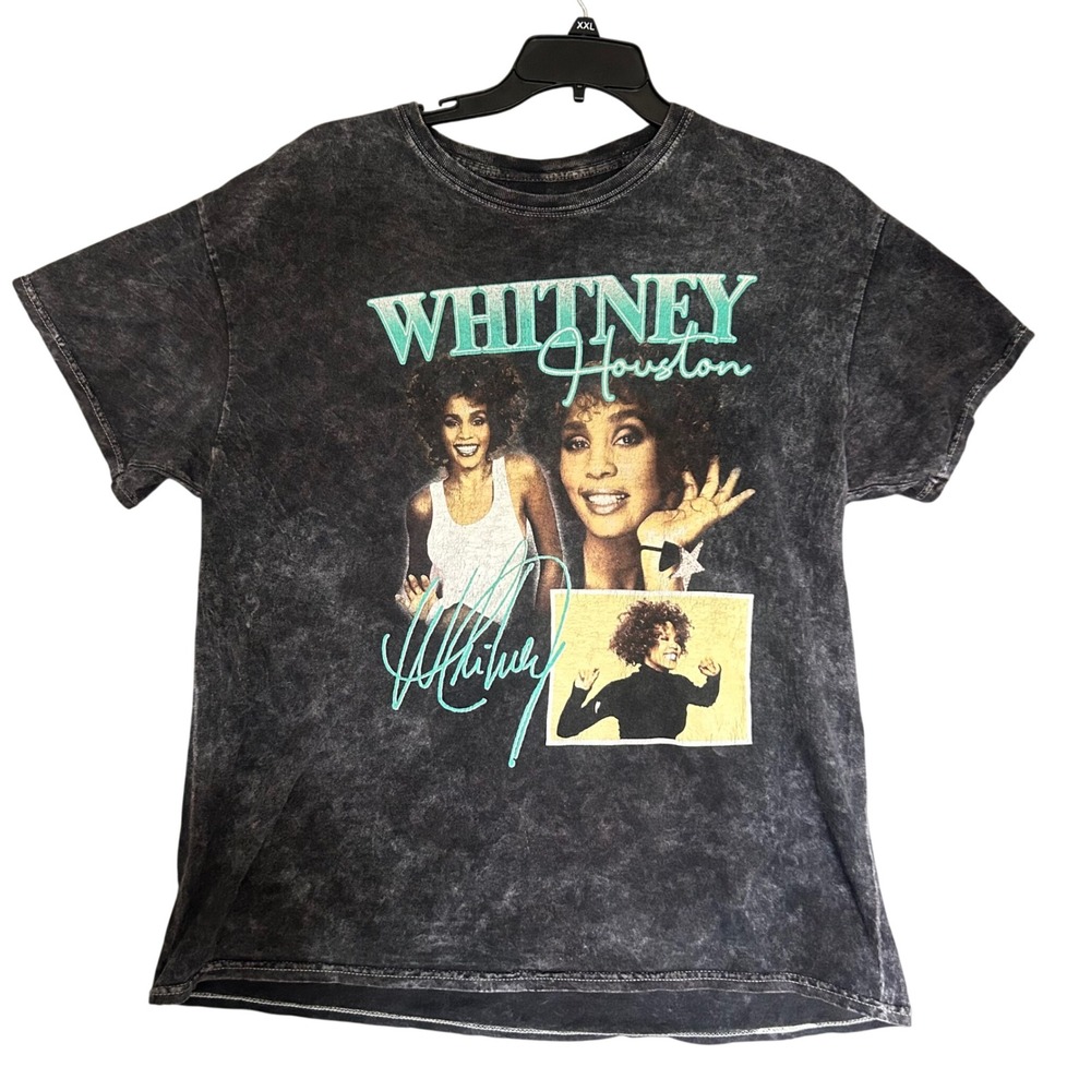 Whitney Houston Graphic Tee Acid Wash Gray Short Sleeve Music T-Shirt XL